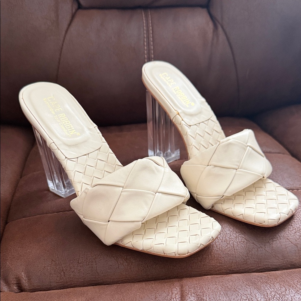 Cape Robbin Cream Woven Mule Heels with Clear Block Heel